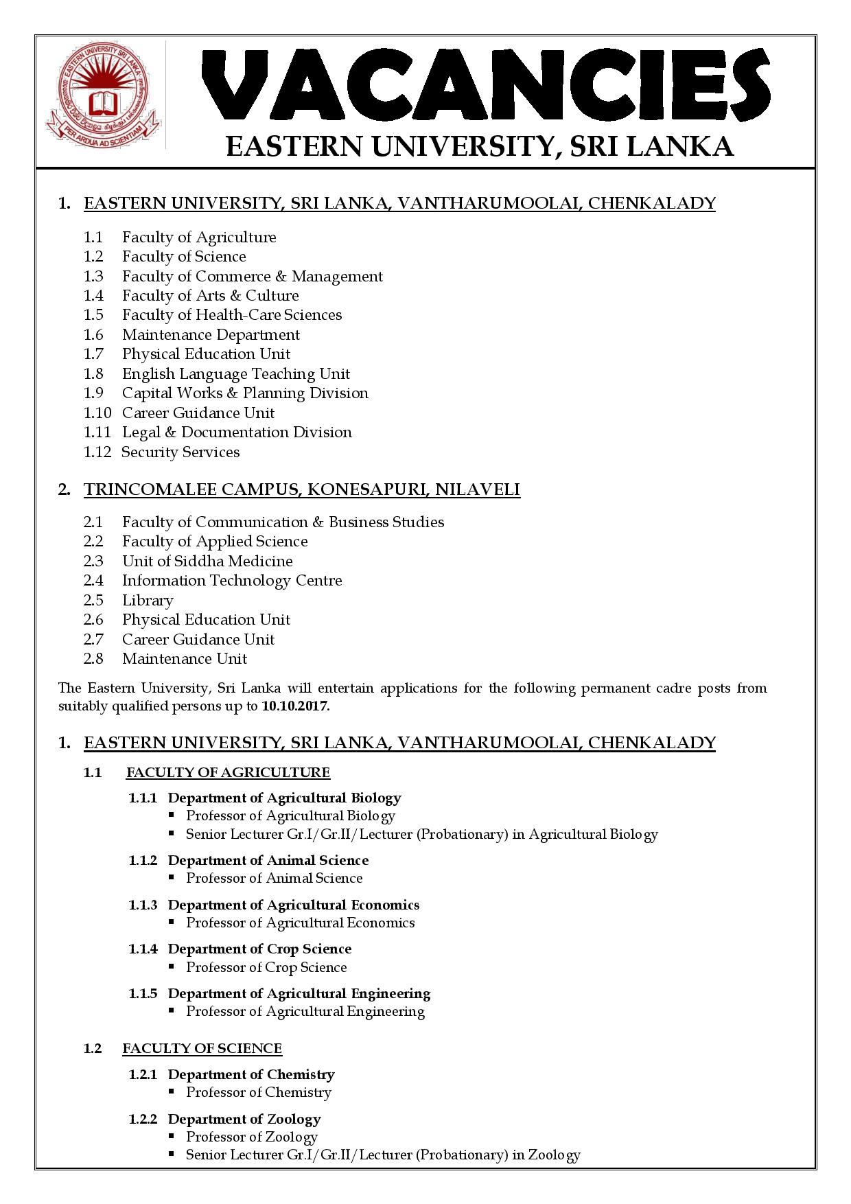 Professor, Senior Lecturer, Instructor, Curator (Landscape), Director, Project Manager, Career Guidance Counsellor, Assistant Registrar, Chief Security Officer, Programmer Cum System Analyst, Assistant Librarian - Eastern University